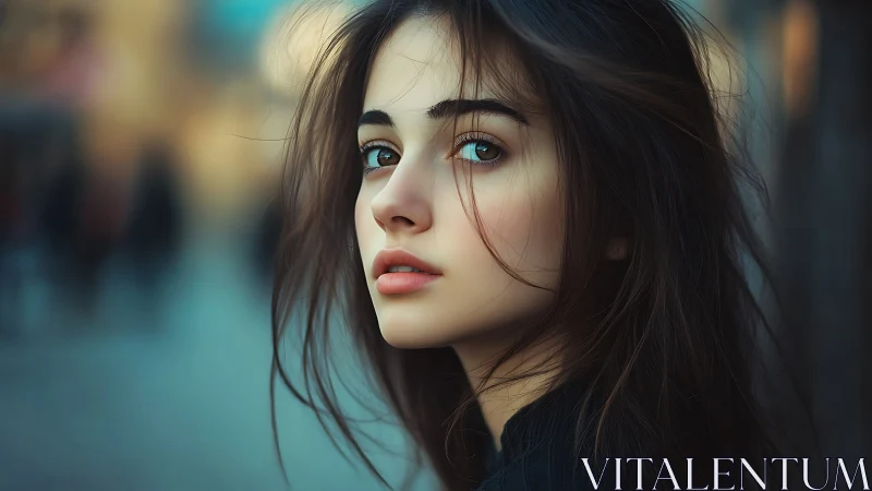 Gentle city evening portrait with soft, thoughtful gaze.