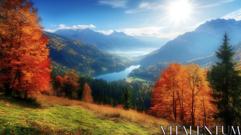 Sunlit autumn valley cradling a winding sapphire lake.