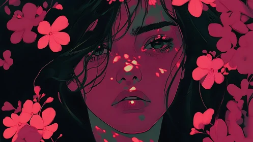 Digital portrait of pensive woman with neon floral bokeh lighting