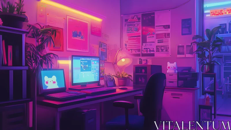 Neon-lit home office workstation with dual displays and decor