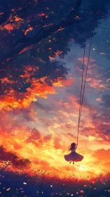 Girl on sunset swing beneath blazing twilight sky.