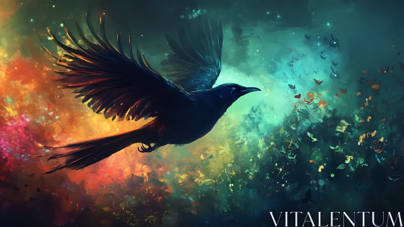 Black bird in flight against diffuse multicolor background.