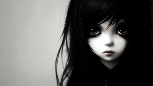 High-contrast monochrome portrait of doll-like girl with oversized eyes