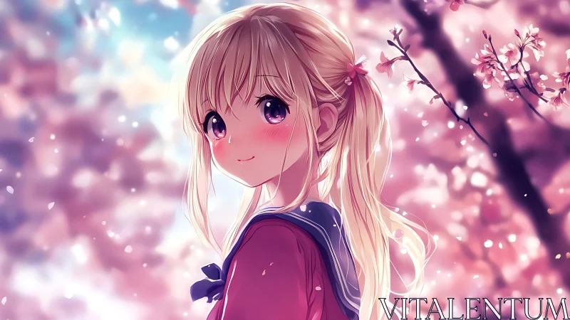 Anime spring portrait under soft-focus cherry blossoms.