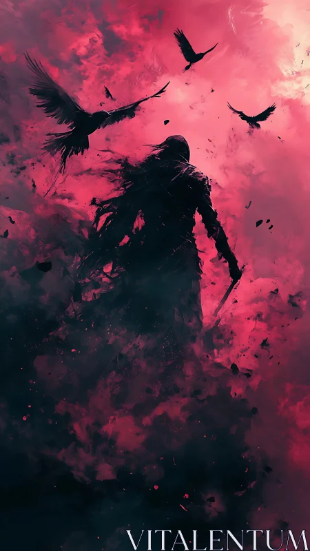 Hooded figure stands in red smoke as black birds circle