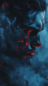 Bioluminescent warrior profile rendered in cyan-red chiaroscuro