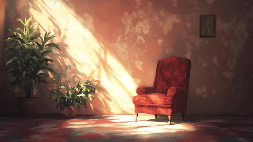 Red upholstered armchair and potted plants in soft sunlight.