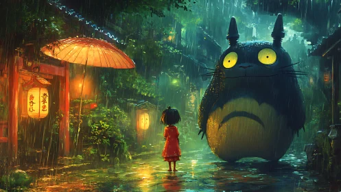 Child meets giant forest spirit on neon-lit rainy street.