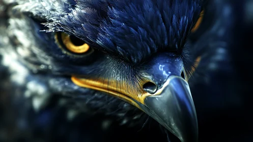 Intense close-up of eagle’s face in dramatic lighting, hyper-realistic style.