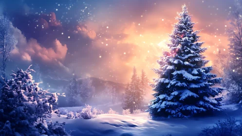 Winter twilight glow around a softly shimmering fir tree.