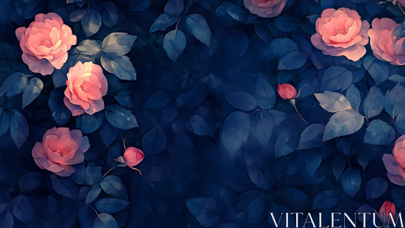 Coral Roses Against Indigo Foliage: Digital Botanical Study.