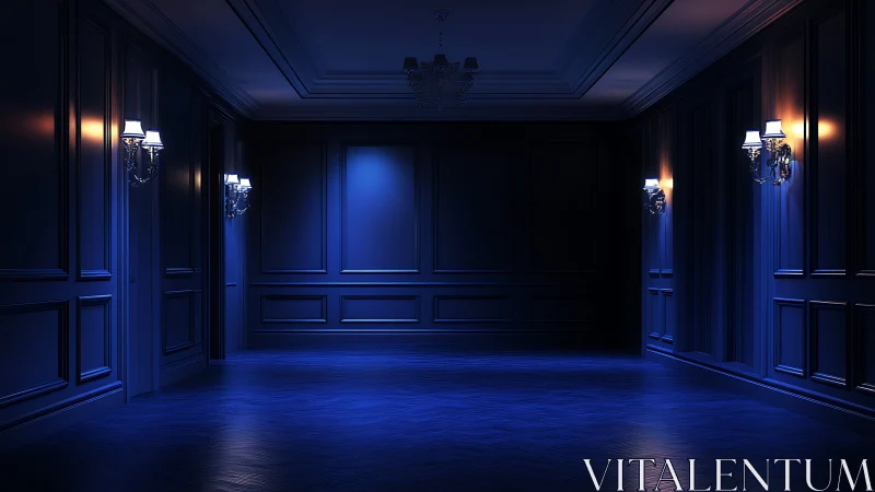 Midnight blue hallway glowing with quiet, welcoming light.