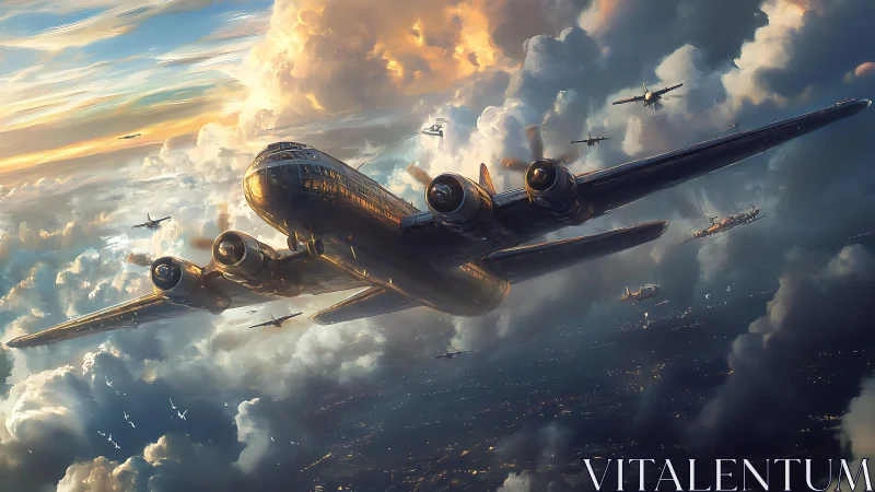 Large bomber aircraft squadron flying through dense clouds.