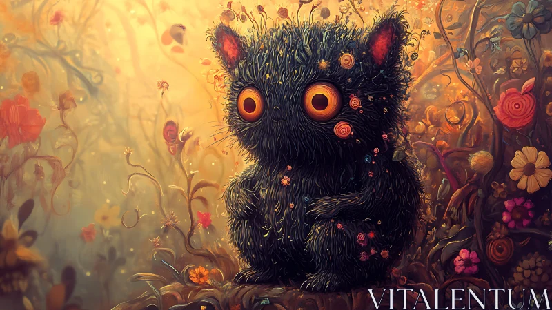 Furry forest creature gazes wide-eyed in glowing blooms.