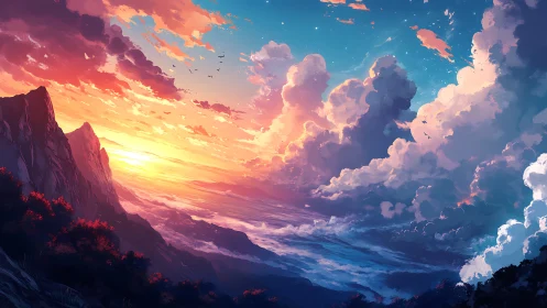 Vibrant digital sunset above dramatic mountain coastline.