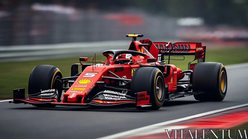 Red Formula 1 race car attacking fast chicane at speed.