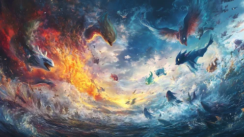 Elemental sea spirits clash amid roaring cosmic storm.