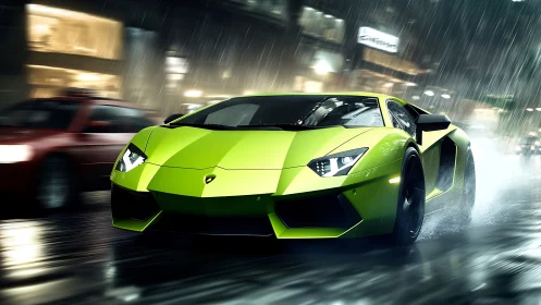 Neon green supercar knifes through rain-soaked city streets.