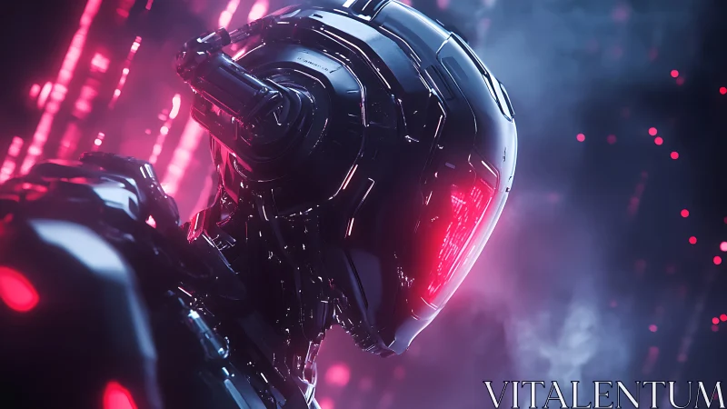 Neon-lit cybernetic sentinel in misty digital void.