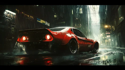 Red sports car in rainy neon city street at night scene.