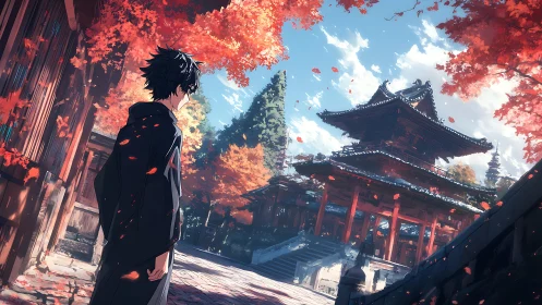 Autumn shrine traversal with anime figure and dynamic foliage.