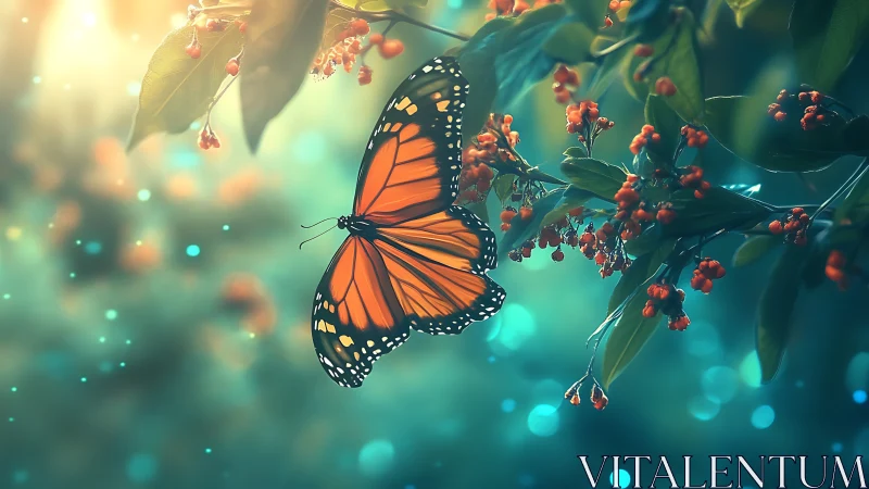 Gentle monarch butterfly pauses among glowing garden blooms