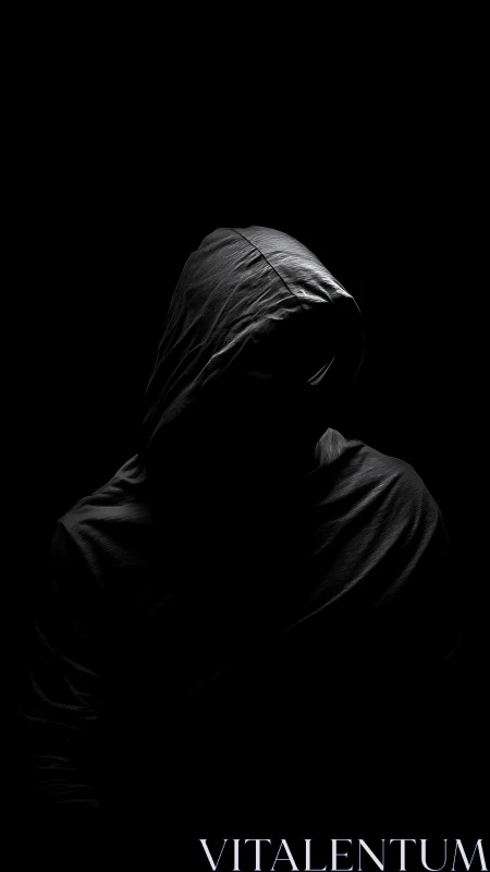 Mysterious hooded figure resting in gentle shadowed light.