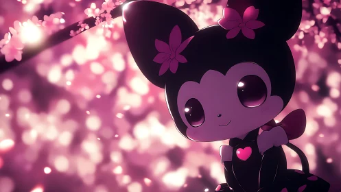 Chibi character under luminous sakura bokeh lighting glows softly