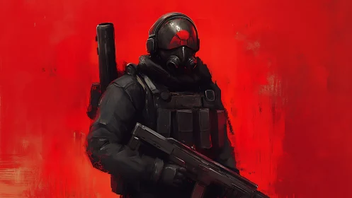 Tactical soldier portrait on crimson abstract background.