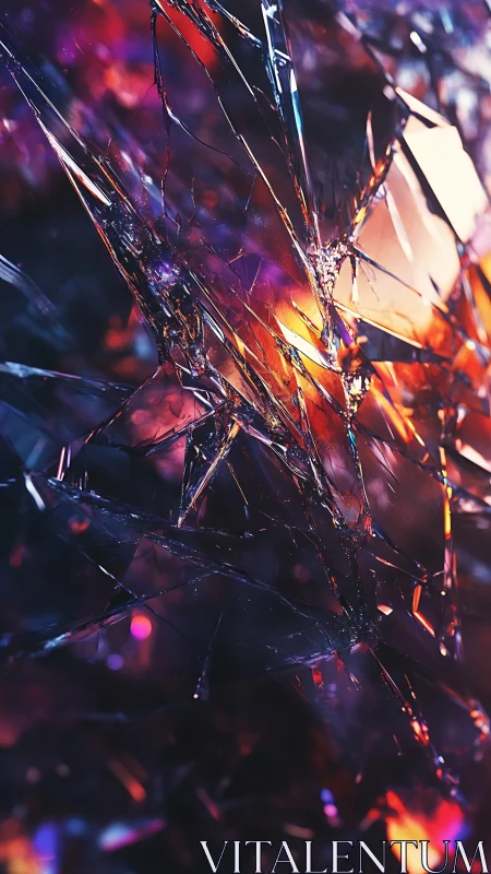 Shattered glass shards lit by vivid purple and orange light.