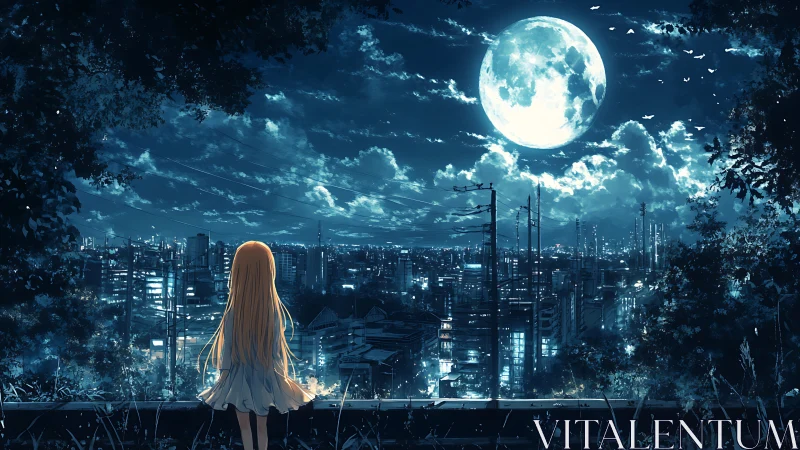 Luminous moonlit megacity viewed by solitary girl observer.