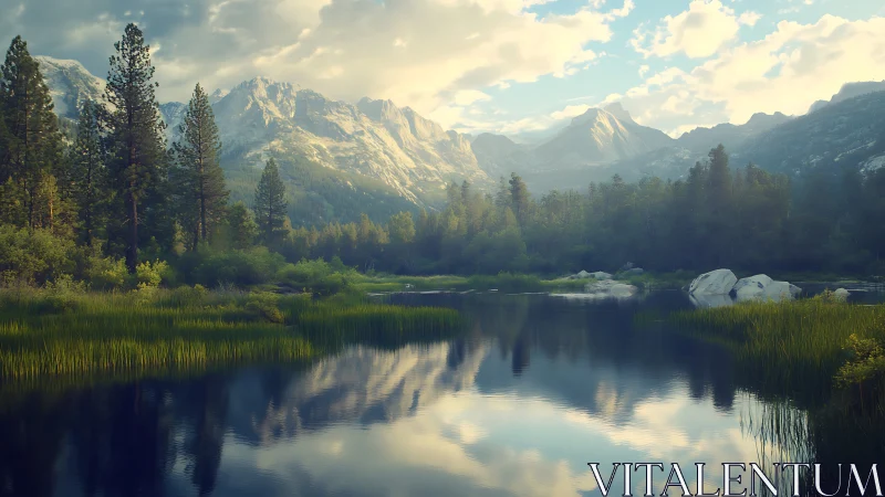 Alpine conifer forest and still lake with distant granite peaks
