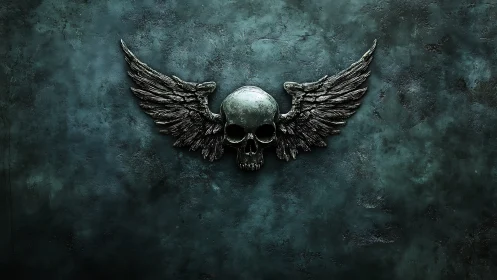 Winged metallic skull emblem rests on distressed teal wall