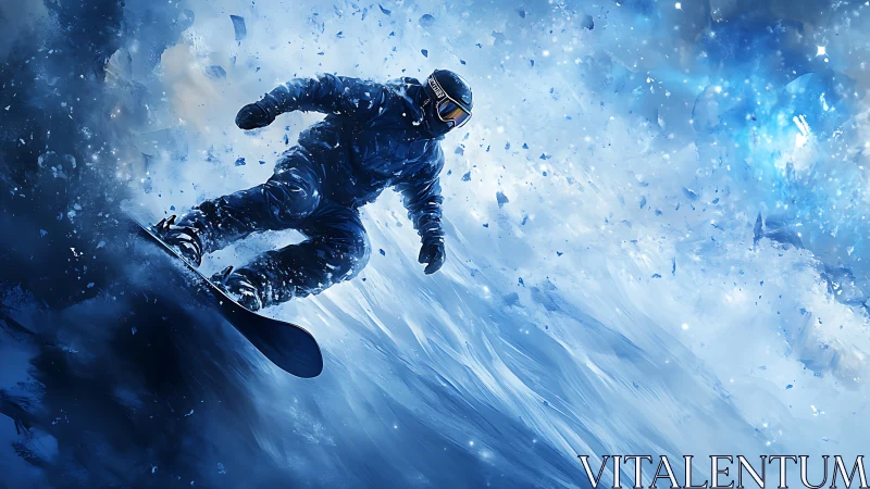 Snowboarder carves icy slope through exploding blue snow