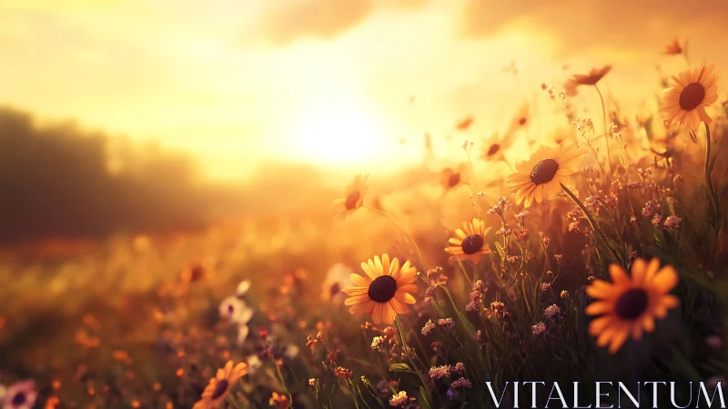 Backlit daisy meadow in cinematic sunset bokeh field study.