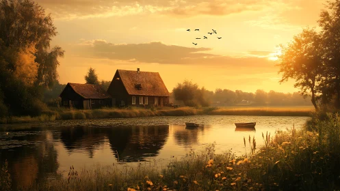 Riverside wooden houses at sunset with small rowboats present.
