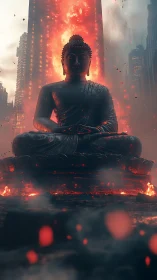 Silent Buddha amid blazing cyberpunk city inferno at dusk.