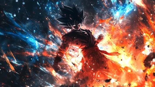 Fiery anime warrior stands within exploding cosmic energy field