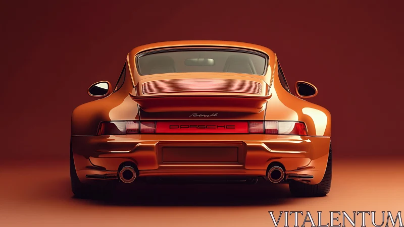 Orange classic sports car rear view on solid warm backdrop.