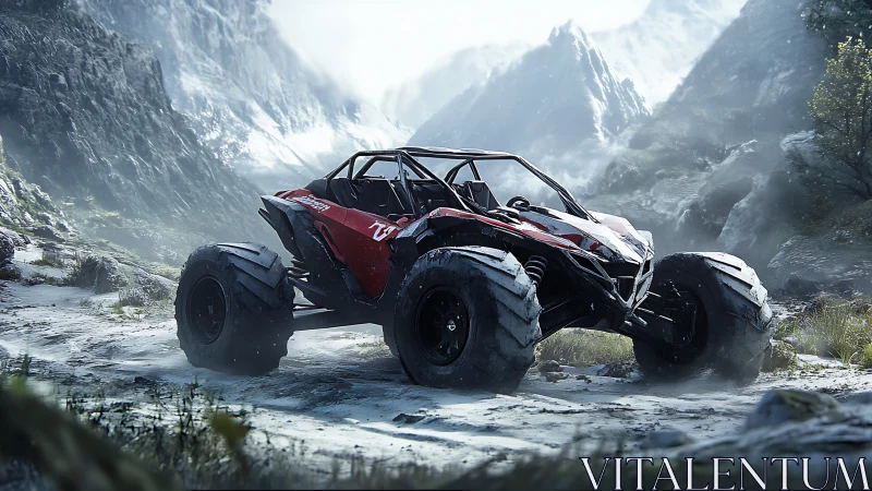 Photorealistic off-road buggy in glacial alpine landscape.