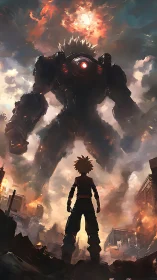 Lone anime hero confronts colossal battle mech in ruins.