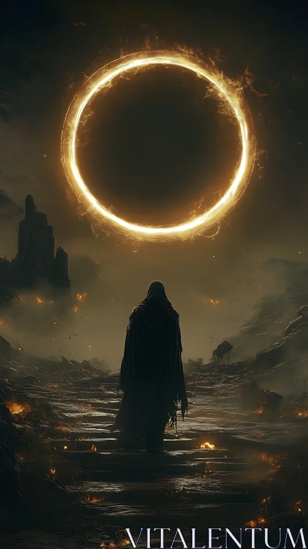 Hooded wanderer approaches blazing celestial ring portal.