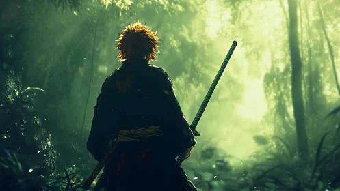 Samurai figure with sword standing in dense green forest.