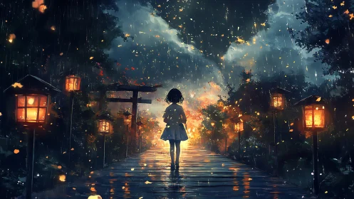 Solitary figure walks on lantern-lit path under rainfall