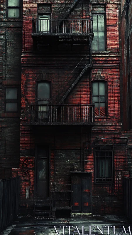 Old brick apartment rear facade with metal fire escapes.