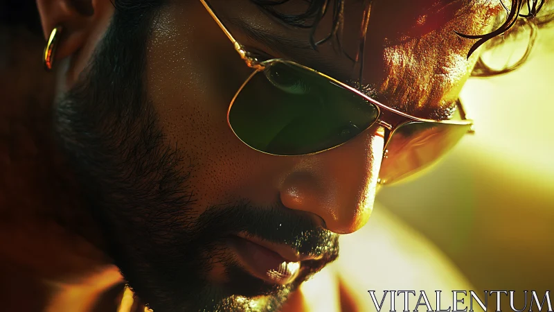 Intense bearded profile in golden cinematic close-up portrait.