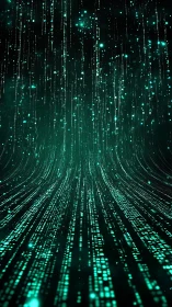Curved digital data stream with teal particle trails in deep space