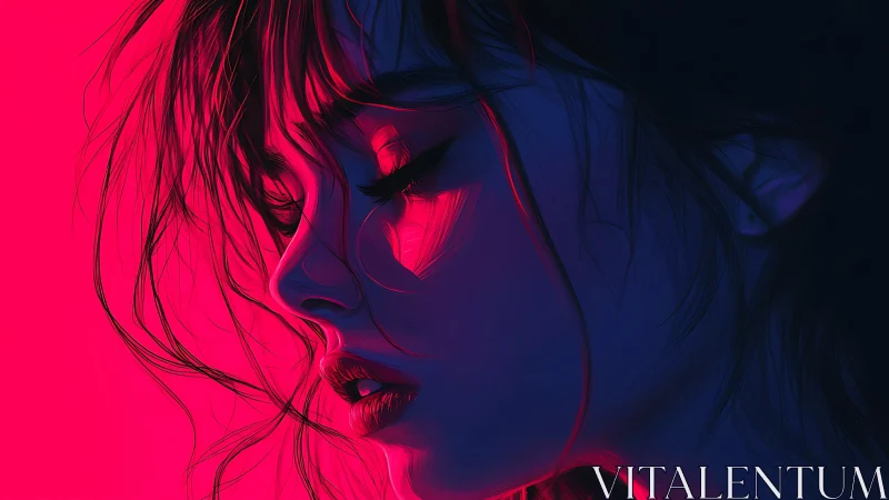 Side-profile portrait in dual-tone magenta and blue light.