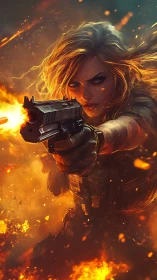 Armed woman in tactical gear amid intense battlefield flames.