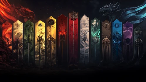Elemental dragon sigils guard a radiant wall of fantasy blades.